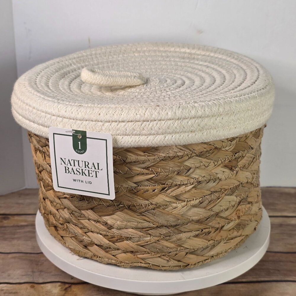 Natural Woven Basket W/ Woven Cloth Lid - Handmade Storage Container